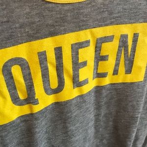 large “QUEEN” ringer tee in yellow and gray